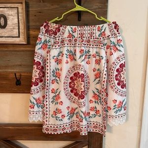 Small Boho Floral Print, Off Shoulder/On Shoulder, Lace Sleeve